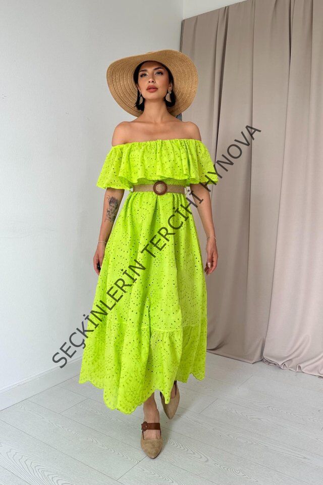 Yağ Yeşili Omzu Lastikli Brode Elbise