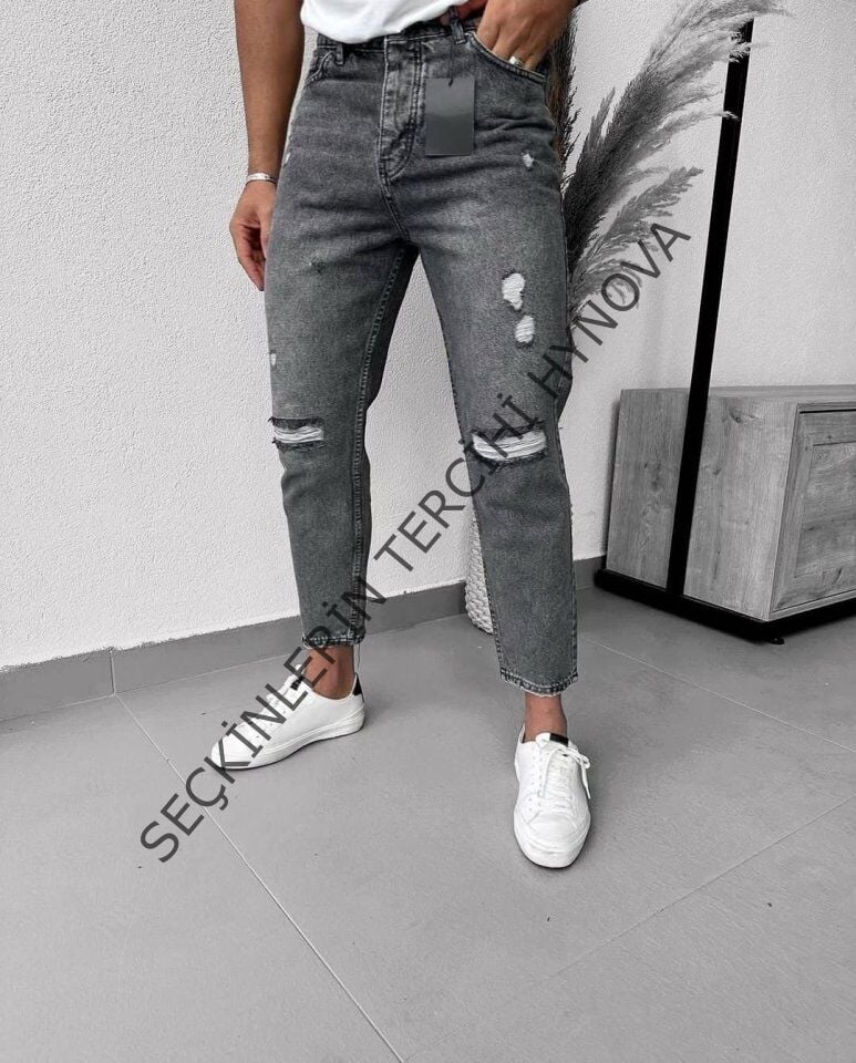 Erkek Füme Yırtık Detaylı Mom Jean