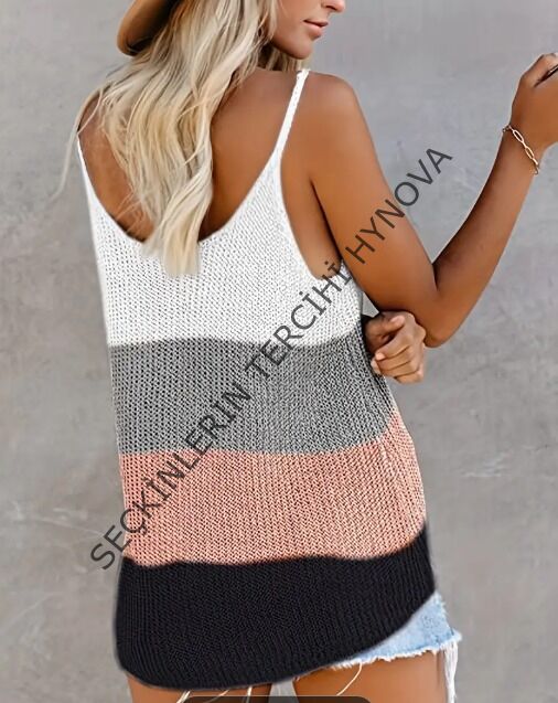 Kadın Askılı Yuvarlak Yaka Salaş Triko Bluz