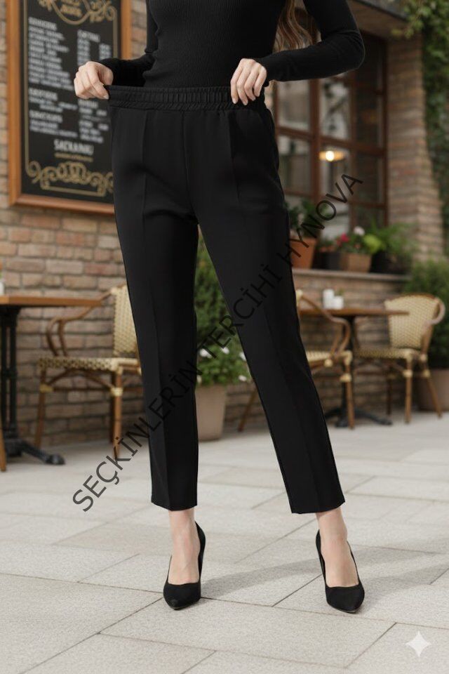 Kadın Uzun Kollu Dalıç Kumaş Cep Detay Beli Lastikli ütüsüz Pantolon