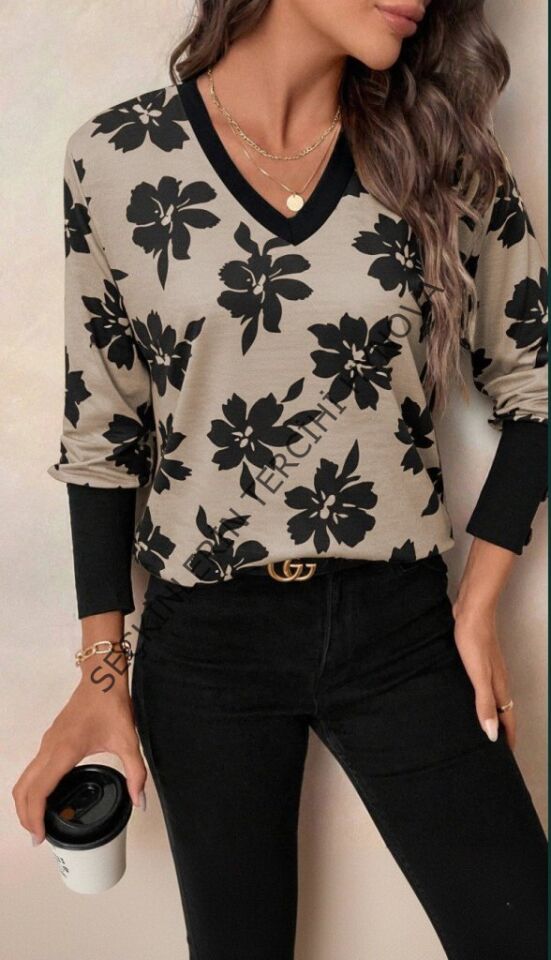Kadın Uzun Kollu V Yakalı Desenli Süprem Bluz