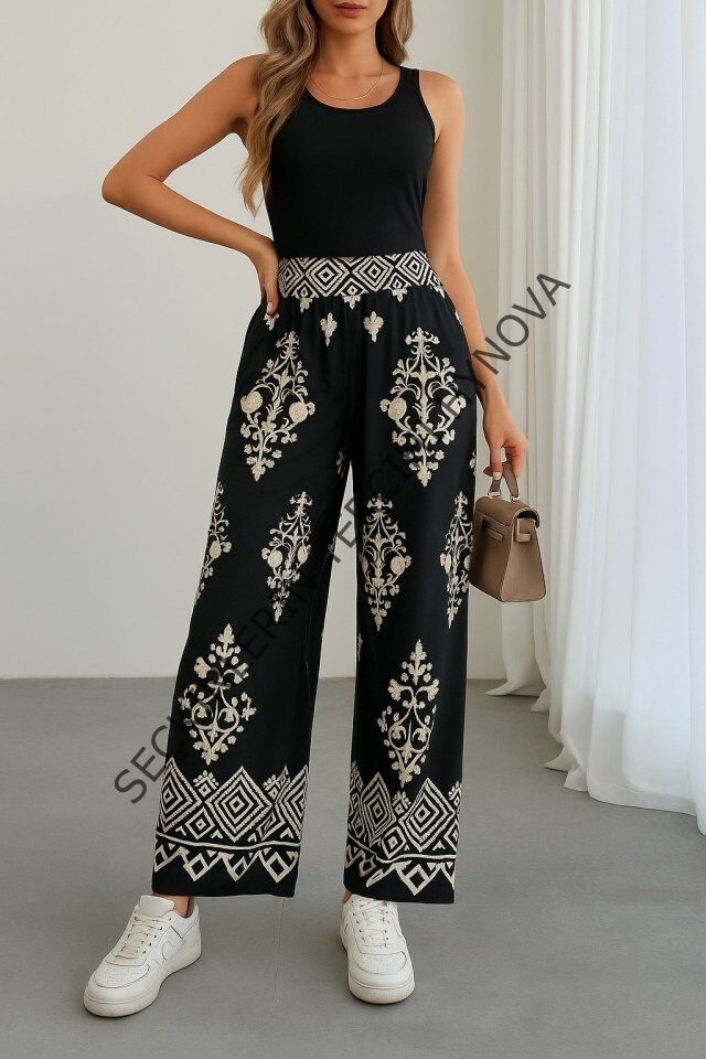 Kadın Yüksek Bel Desenli Lastikli Süprem Pantolon