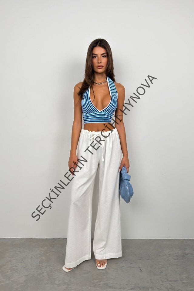 Çizgili Boyun Bağlamalı Crop