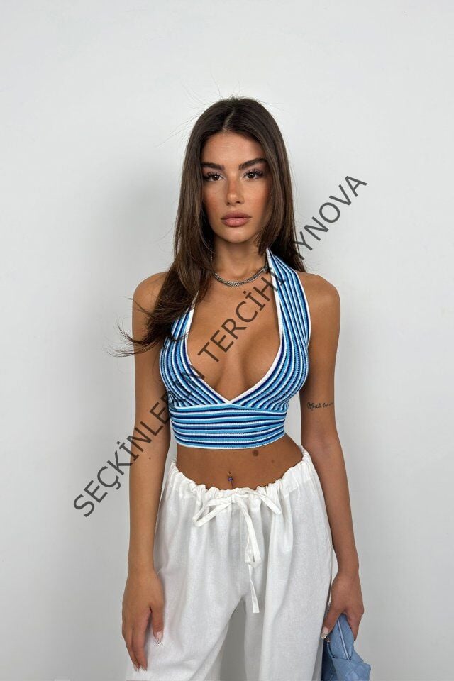Çizgili Boyun Bağlamalı Crop
