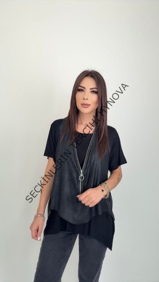 Kadın Kısa Kollu Yuvarlak Yaka Viskon Bluz + Kolsuz Fermuarlı çatlak Deri Yelek