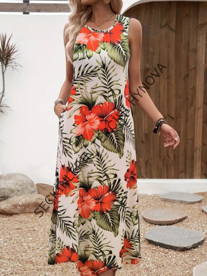 Kadın Askılı Yuvarlak Yaka Cepli Desenli Süprem Elbise