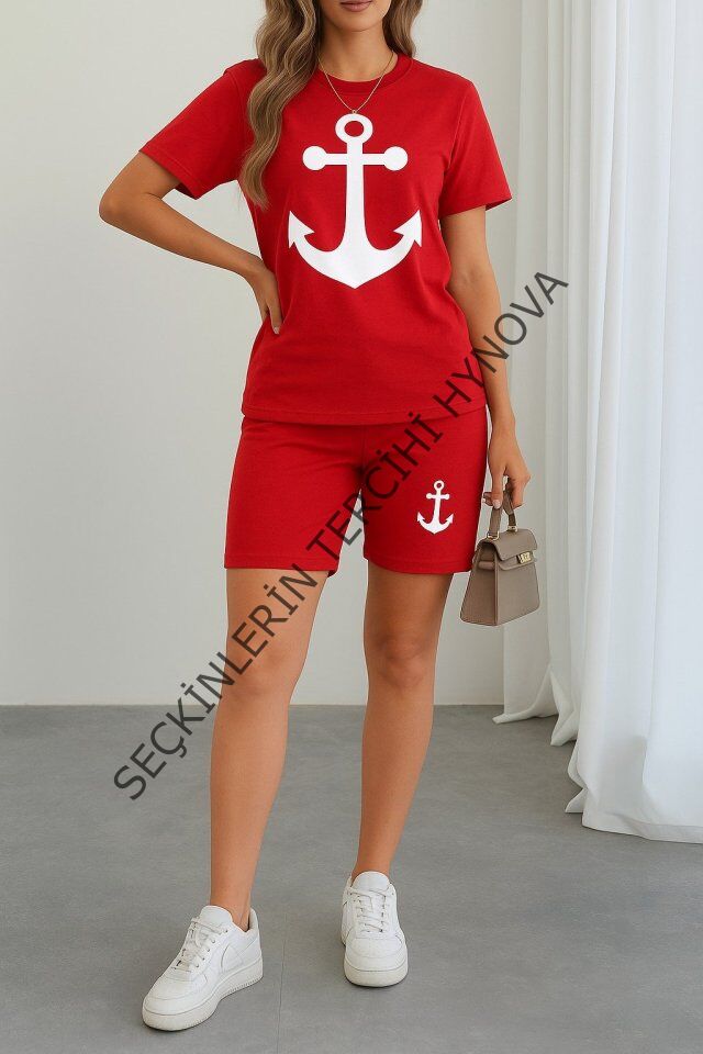 Kadın Kısa Kollu çapa Baskılı Viskon Ikili Takım
