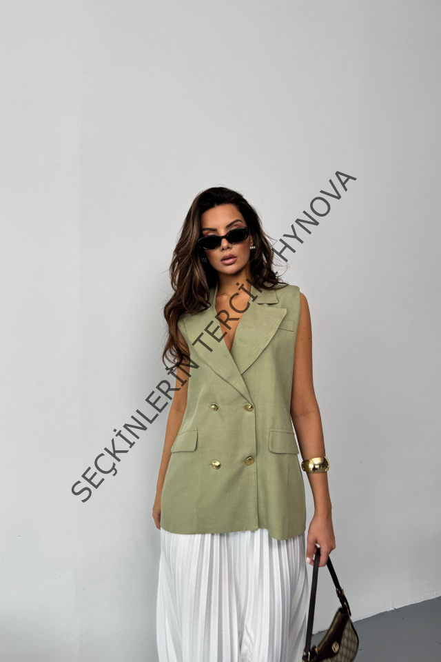 GOLD DÜĞMELİ KETEN YELEK - Yeşil