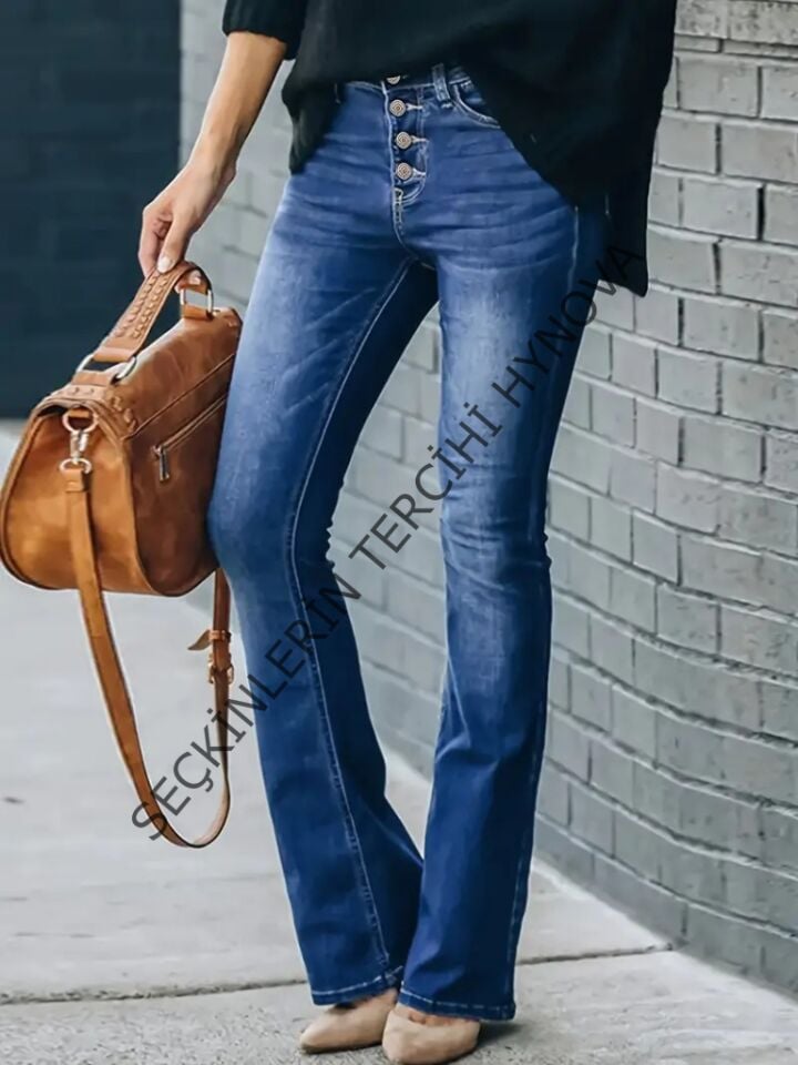 Kadın Yüksek Bel önden Düğmeli Cep Detay Ispanyol Paça Denim Pantolon