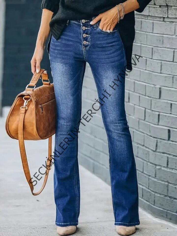 Kadın Yüksek Bel önden Düğmeli Cep Detay Ispanyol Paça Denim Pantolon