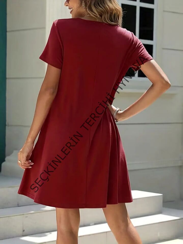 Kadın Kısa Kollu V Yaka önü Düğmeli Viskon Elbise