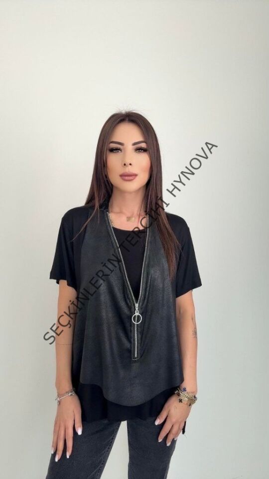 Kadın Kısa Kollu Yuvarlak Yaka Viskon Bluz + Kolsuz Fermuarlı çatlak Deri Yelek