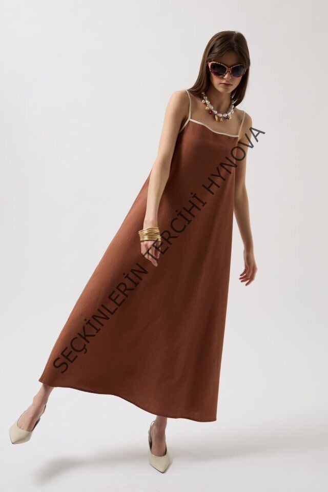 Şerit Detay Keten Maxi Elbise