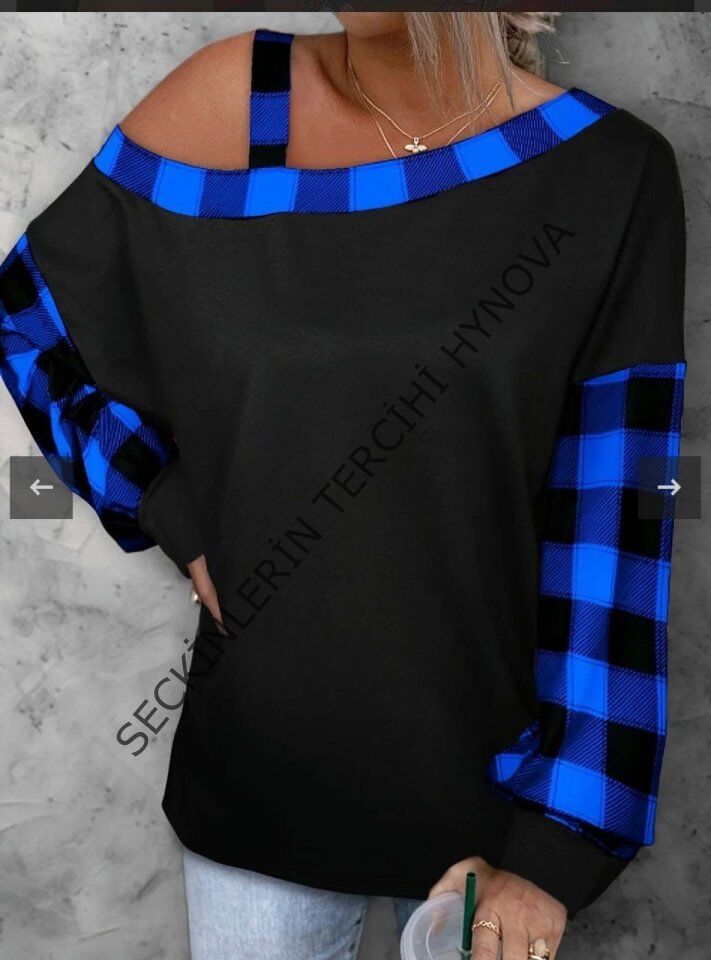 Kadın Kayık Yaka Asimetrik Kesim Ekose Detay Tunik