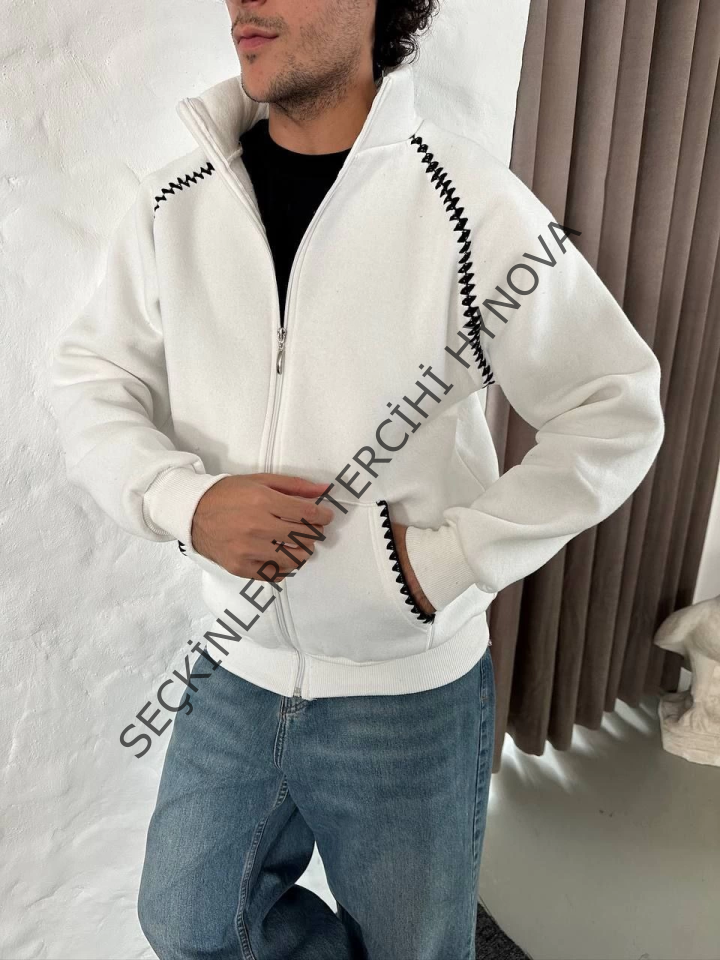 Erkek Oversize Dik Yaka Fermuarlı Sweatshirt - Zincir Nakışli Kanguru Cepli - Beyaz
