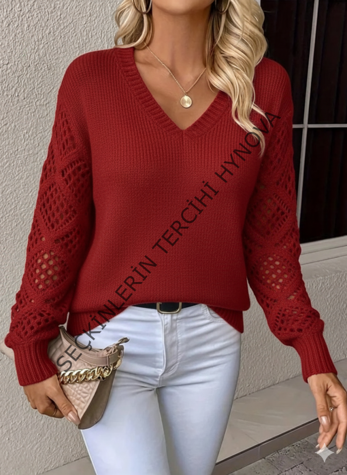 Kadın Uzun Kollu V Yaka Kol Delikli Baklava Desen Detaylı Triko Kazak