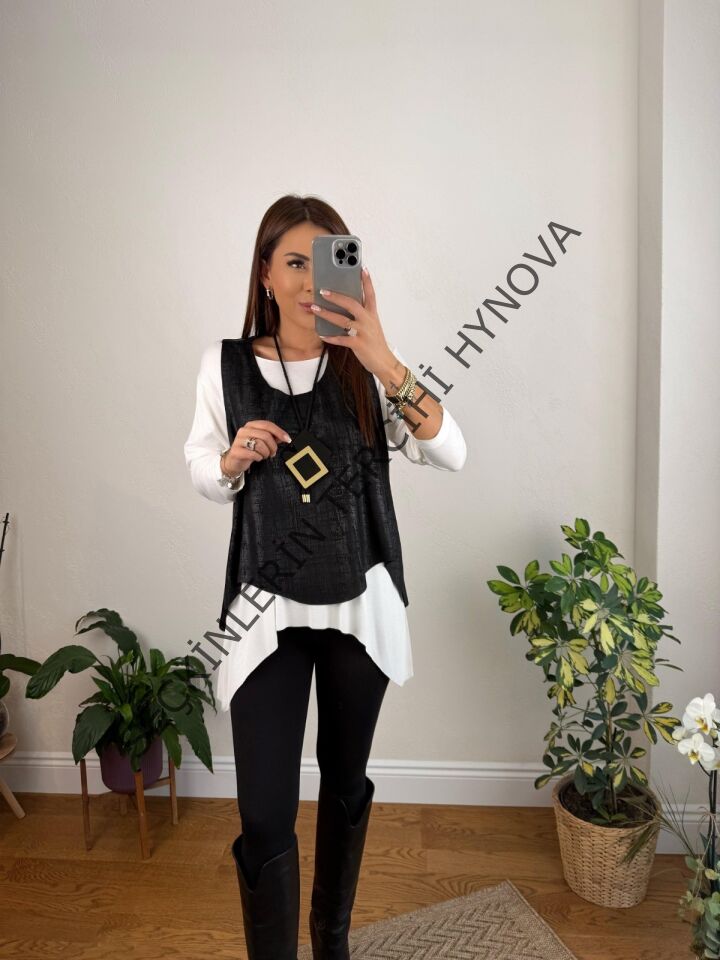 Kadın Siyah Deri Yelekli Kolye Dahil üçlü Takım