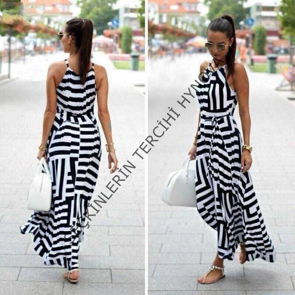 Kadın Ayarlanabilir Askılı Geometrik Desen Kuşaklı Gipeli Süprem Elbise