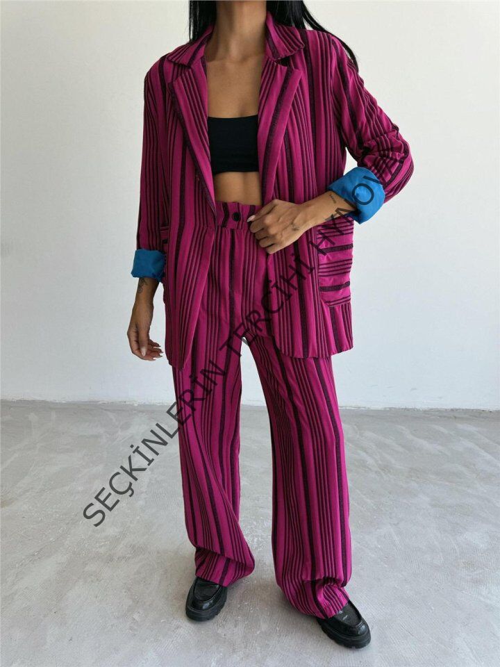 OTTOMAN ÇİZGİLİ CEKET-PANTOLON TK - Fuşya