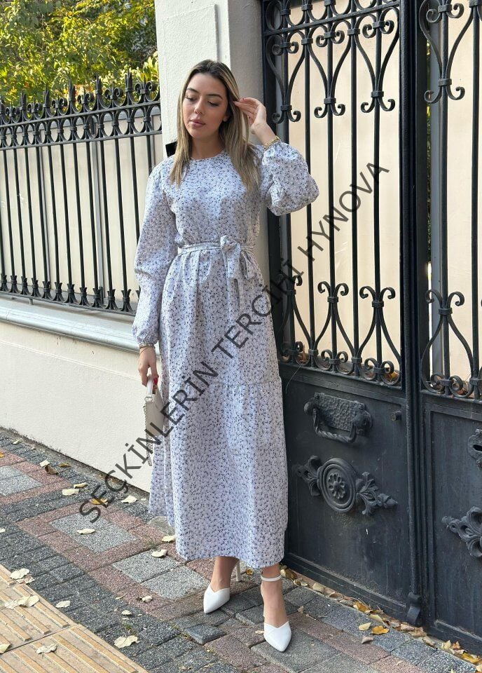 Kadın Uzun Kollu Bisiklet Yaka Papatya Desen Kuşak Dahil Maxi Boy Elbise