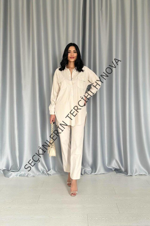 Bej Gömlek Ve Çıtçıtlı Pantolon Takım