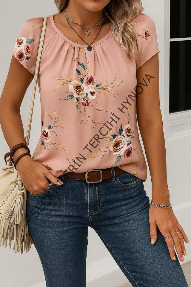 Kadın Kısa Kollu Bisiklet Yaka çiçek Baskılı Süprem Bluz