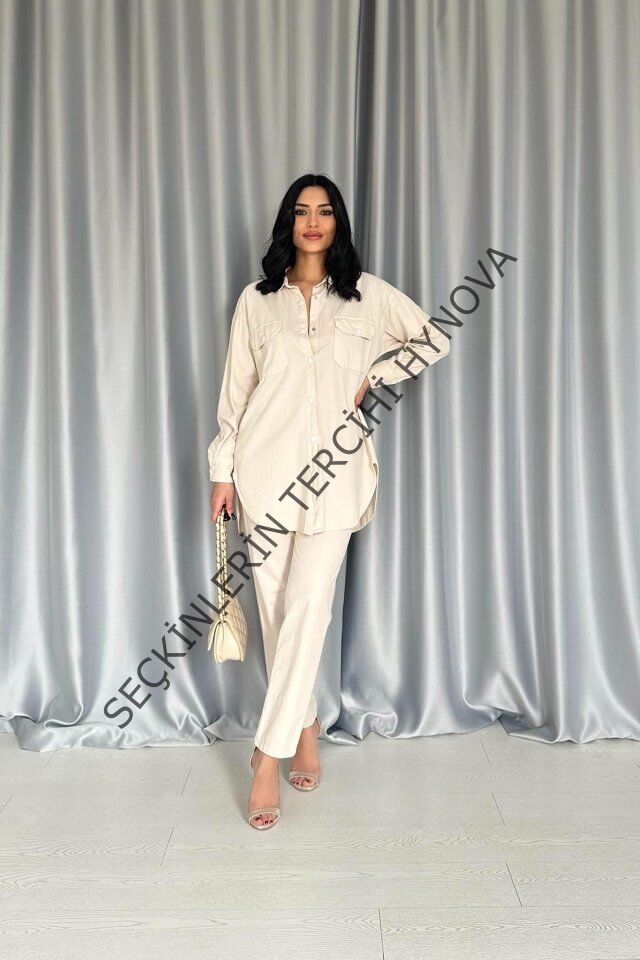 Bej Gömlek Ve Çıtçıtlı Pantolon Takım