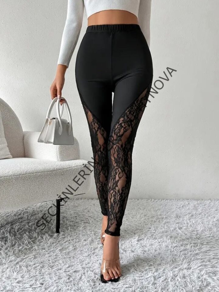 Kadın Yüksek Bel Yanlardan Dantel Detaylı Dalgıç Tayt