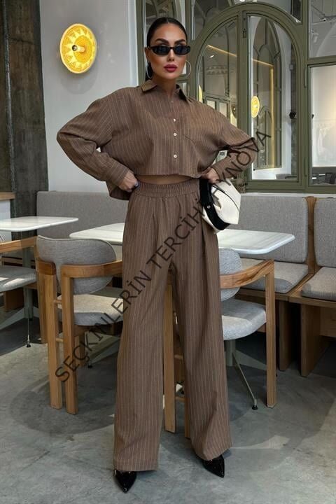 Crop Gömlekli Çizgili Takım 10080