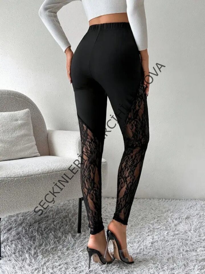Kadın Yüksek Bel Yanlardan Dantel Detaylı Dalgıç Tayt