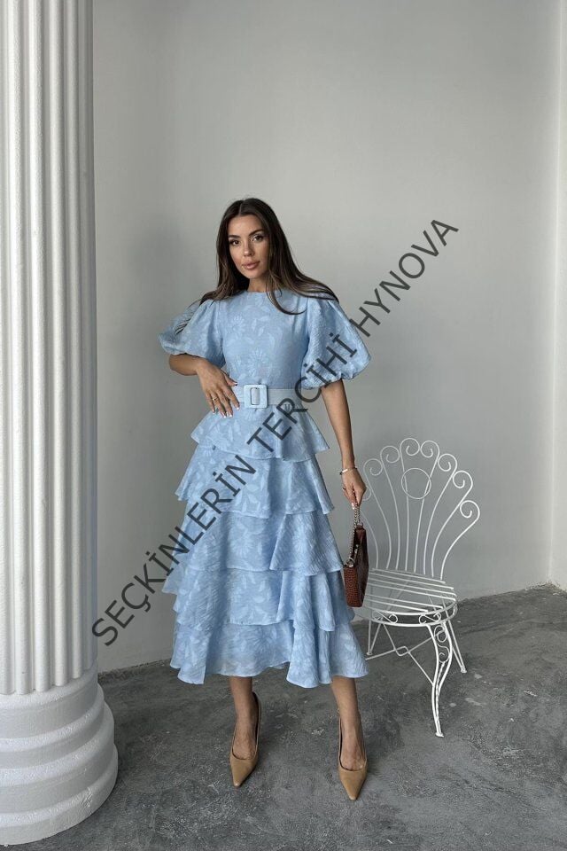 Bebe Mavi Kat Kat Balon Kollu Kemerli Elbise