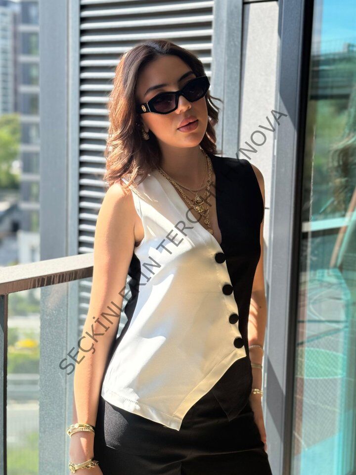 Kadın Sıfır Kol V Yakalı Düğmeli Blok Renkli Atlas Yelek