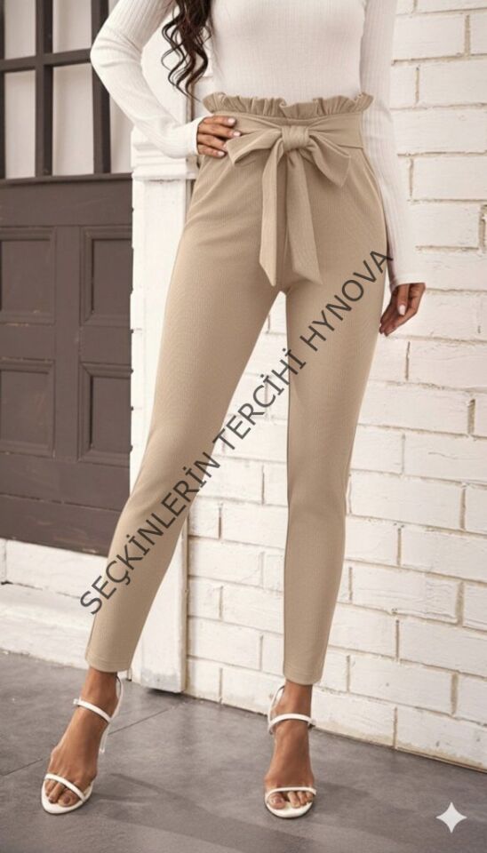 Kadın Yüksek Bel Beli Fırfırlı önden Bağlamalı Ithal Krep Pantolon