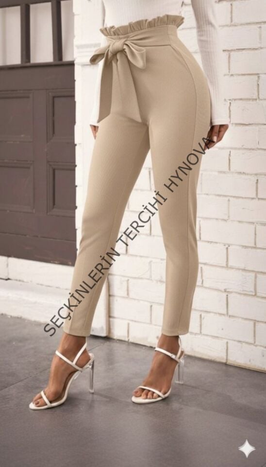 Kadın Yüksek Bel Beli Fırfırlı önden Bağlamalı Ithal Krep Pantolon