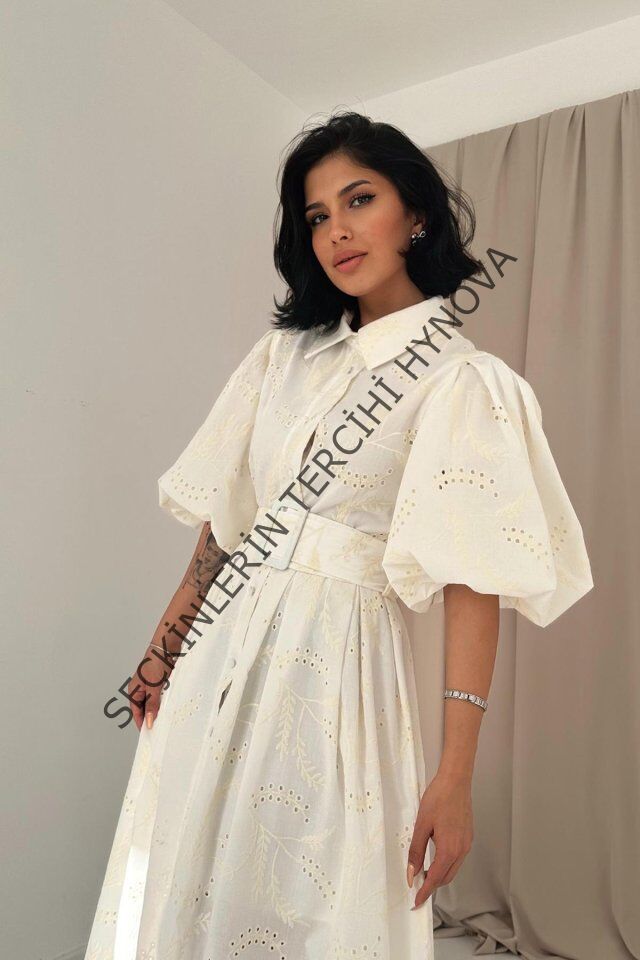 Ekru Pileli Balkon Elbise