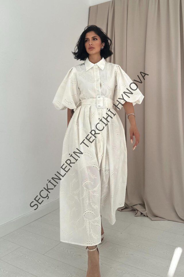 Ekru Pileli Balkon Elbise