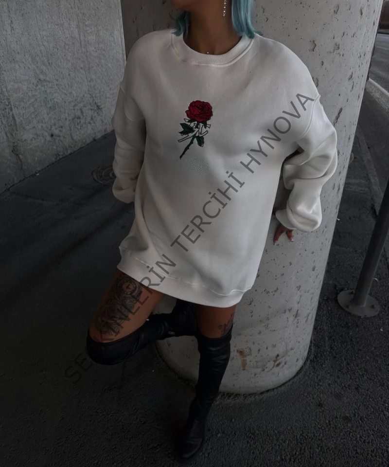 Oversize Üç İplik Bisiklet Yaka Baskılı SweatShirt - Beyaz