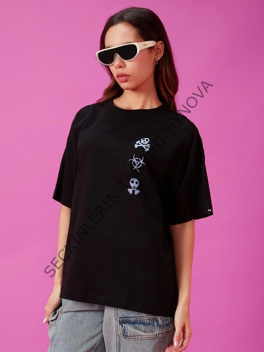 Baskılı Oversize T-shirt - Siyah