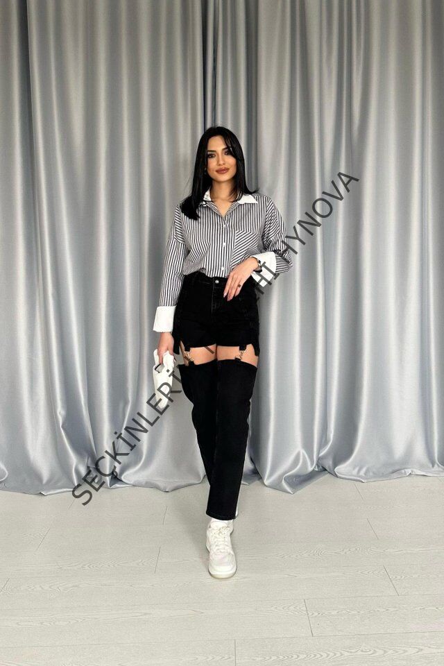 Siyah Askılı İki Parça Jeans Pantolon