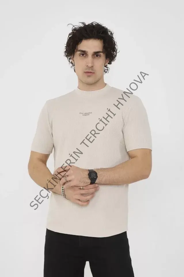 Unisex Bisiklet Yaka Slim Fit T-Shirt- Bej