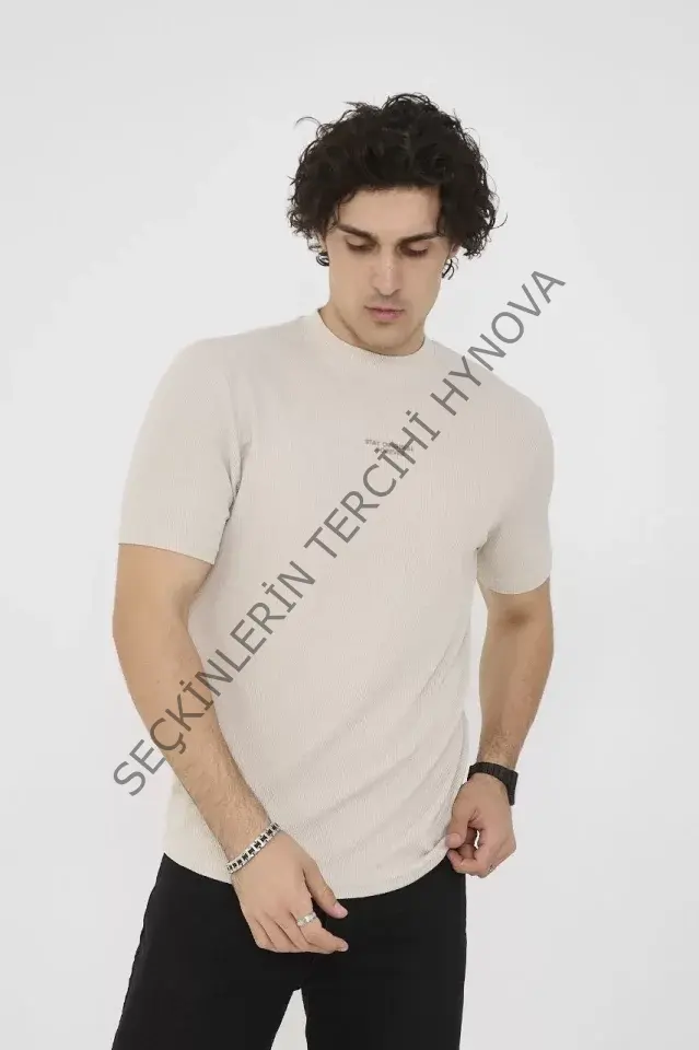 Unisex Bisiklet Yaka Slim Fit T-Shirt- Bej