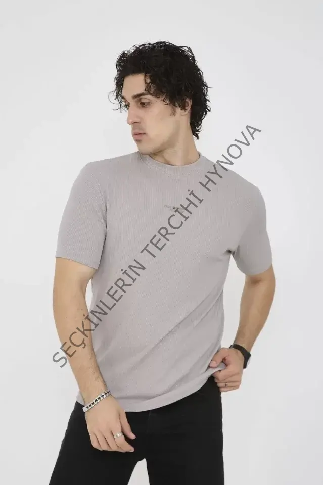 Unisex Bisiklet Yaka Slim Fit T-Shirt- Boyalı Gri