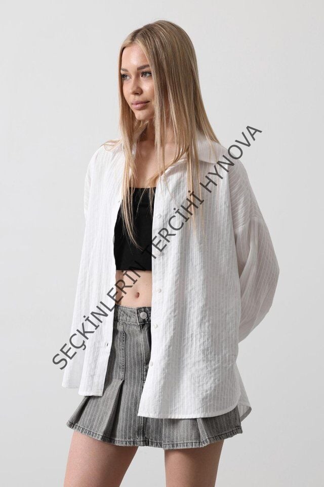 Çizgili Uzun Kol Gömlek - Beyaz