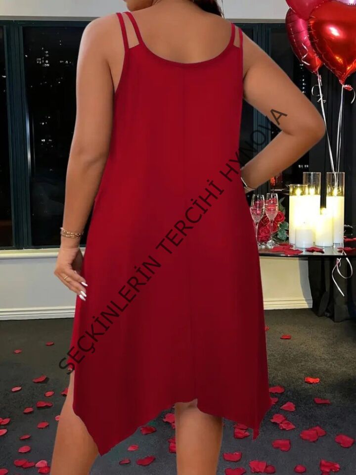 Kadın Askılı Yuvarlak Asimetrik Kesim Detaylı Viskon Elbise