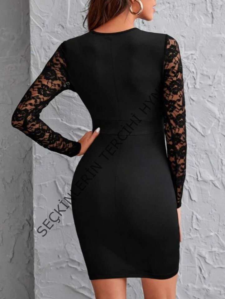 Kadın Uzun Kollu Bisiklet Yaka Kol Vegöğüs Tül Detay Krep Elbise