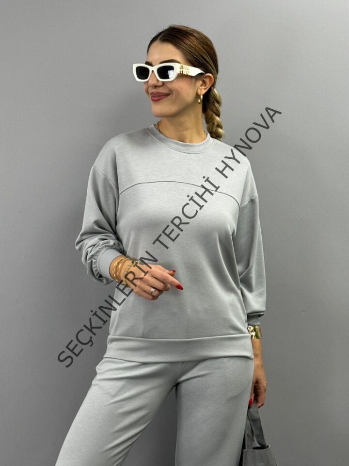 Kadın Uzun Kollu Bisiklet Yaka Viskon Iki Iplik Bluz Ve Pantolon Ikili Takım