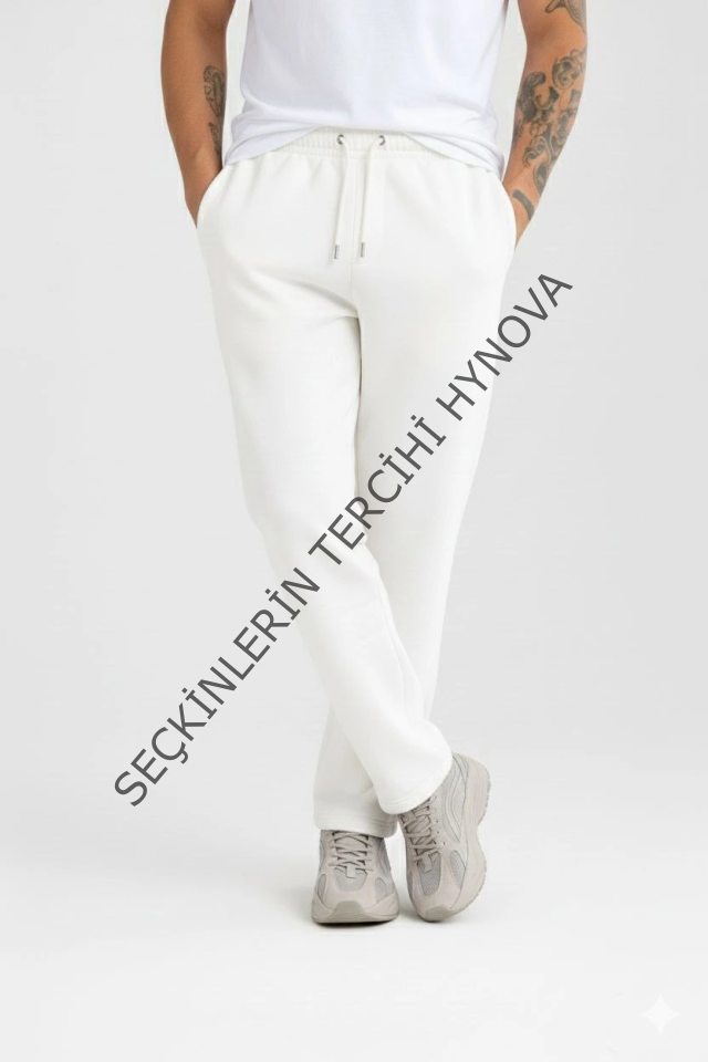 Erkek Üç Iplik Kışlık Pamuklu Ovarsize Bağcıklı Düz Paça Cepli Eşofman Altı Spor Rahat Model - Beyaz