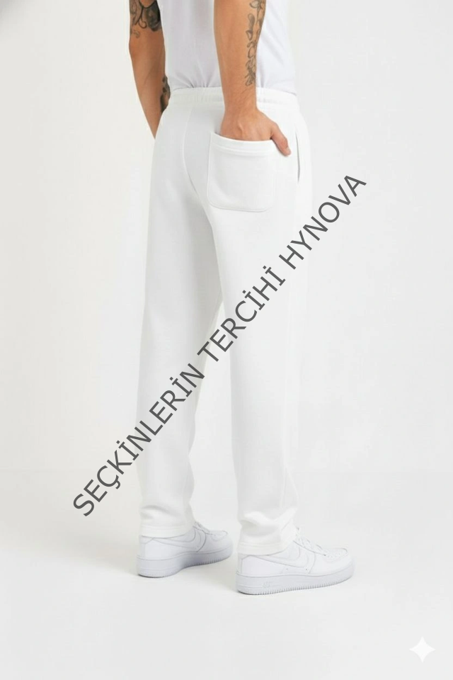 Erkek Üç Iplik Kışlık Pamuklu Ovarsize Bağcıklı Düz Paça Cepli Eşofman Altı Spor Rahat Model - Beyaz