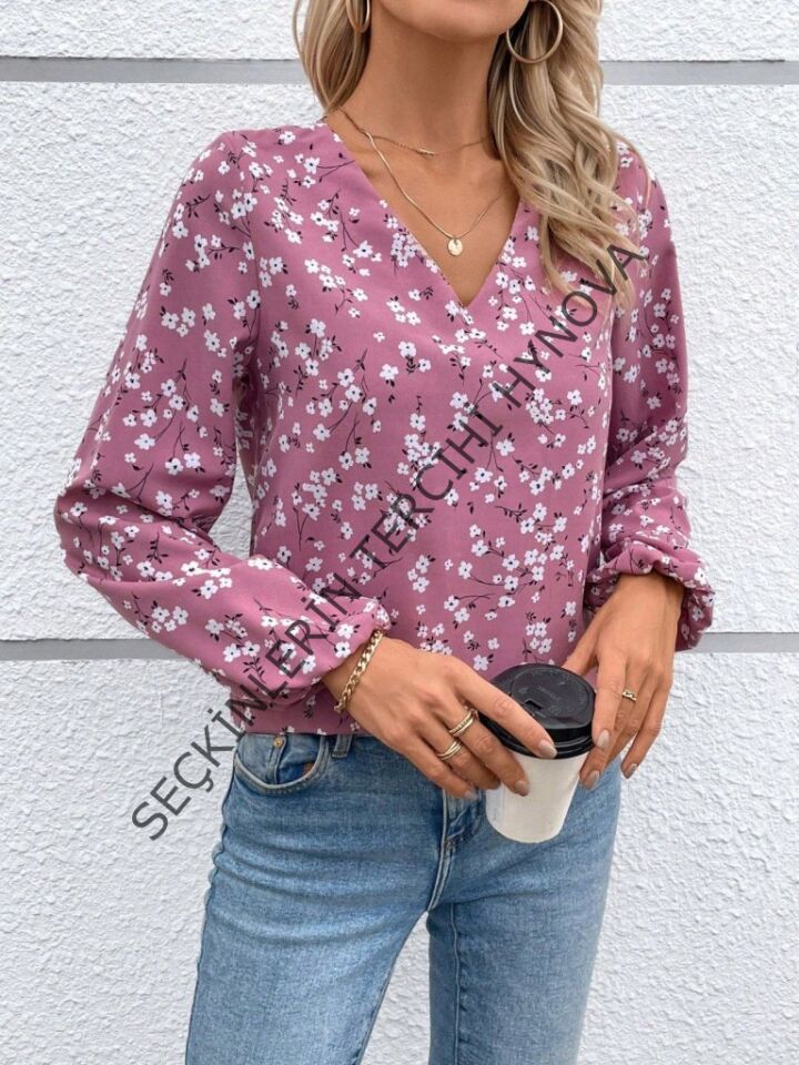 Kadın Uzun Kollu V Yakalı çiçek Desenli Modal Bluz