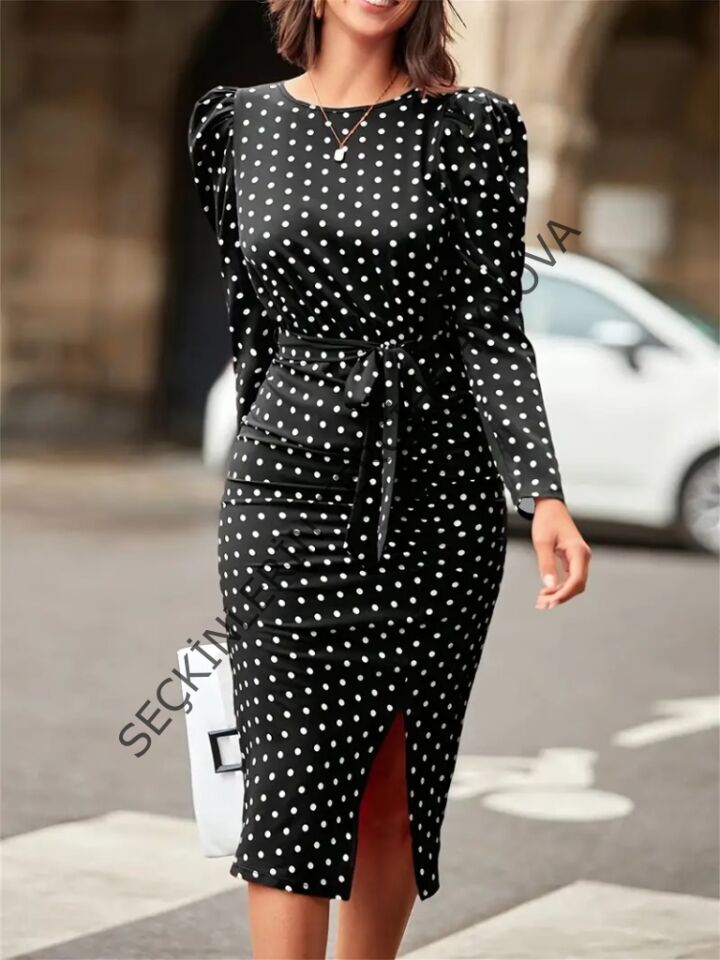 Kadın Uzun Kollu Yuvarlak Yaka Belden Kuşaklı önden Yırtmaçlı örme Krep Elbise